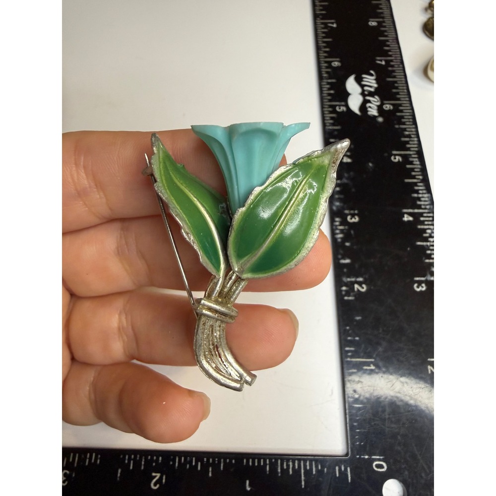 Vintage Turquoise Blue Flower Brooch Green Enamel Leaf Silver Tone Floral Pin